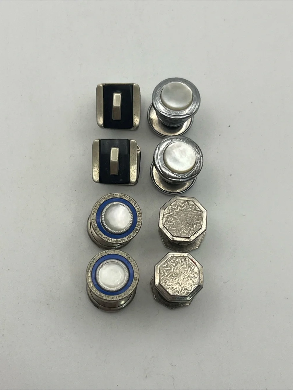 Art Deco silver tone snap link cufflinks vintage set of 4 embossed design